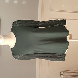LOFT Green Crew Neck Top, Sheer Sleeves With Velvet Dots Women Size XS
